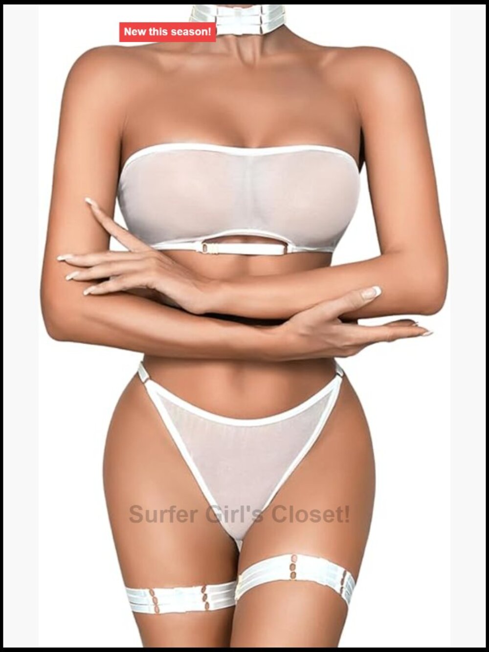 Sheer Mesh Lingerie Set 4 Piece Strapless Bra Panty Choker Wireless